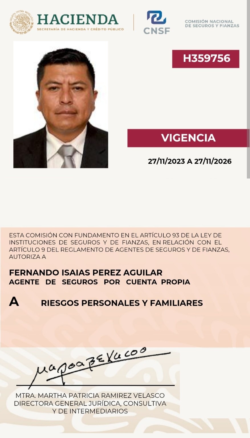 Cédula CNSF de Fernando Isaías Pérez Aguilar, categoría A, vigencia hasta el 27 de noviembre de 2026. RFC, CURP y código QR ocultos por privacidad.